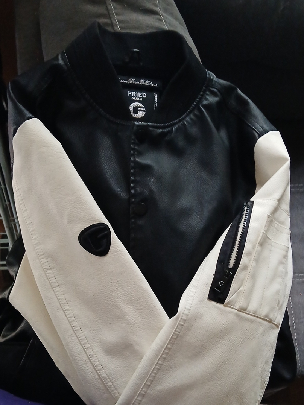 Black and White Faux Leather Varsity Bomber Jacket